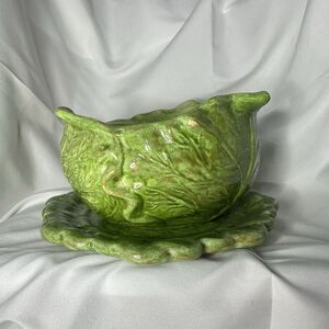 Vtg 1970s Holland Mold Green Cabbage Leaf Covered Ceramic Bowl & Plate Set